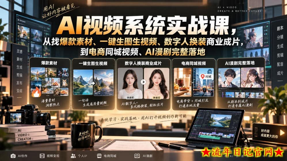 AI视频系统实战课,从找爆款素材、一键生图生视频、数字人换装商业成片,到电商同城视频、AI漫剧完整落地-流年日记