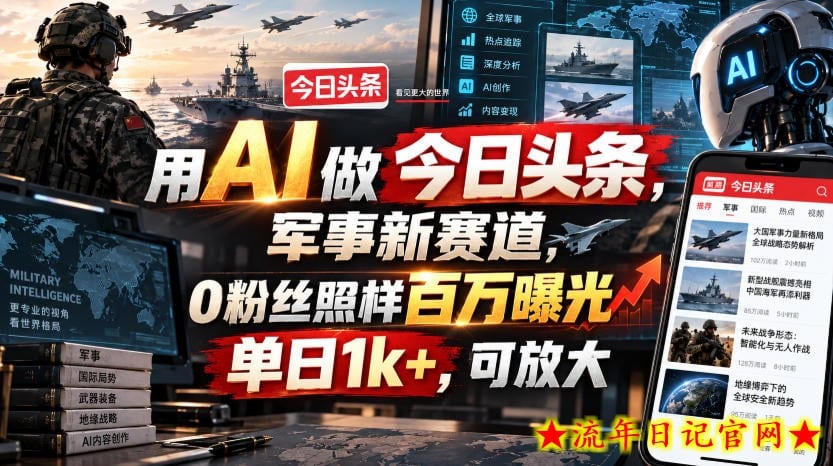 用AI做今日头条，军事新赛道，0粉丝照样百万曝光，单日1k+，可放大