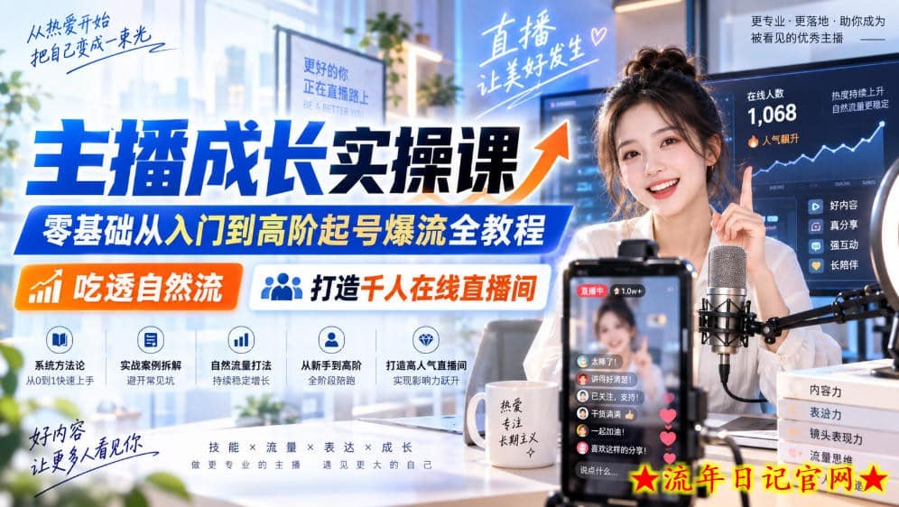 主播成长实操课|零基础从入门到高阶起号爆流全教程,吃透自然流,打造千人在线直播间-流年日记