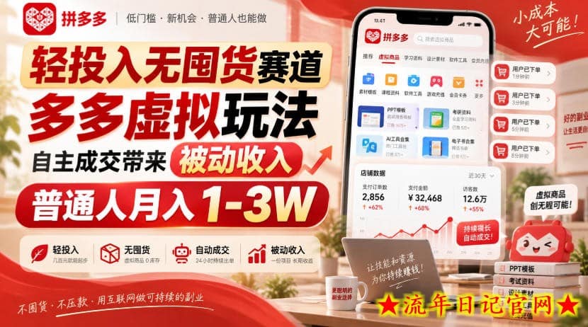 轻投入无囤货赛道,多多虚拟玩法自主成交带来被动收入,普通人月入1-3W-流年日记
