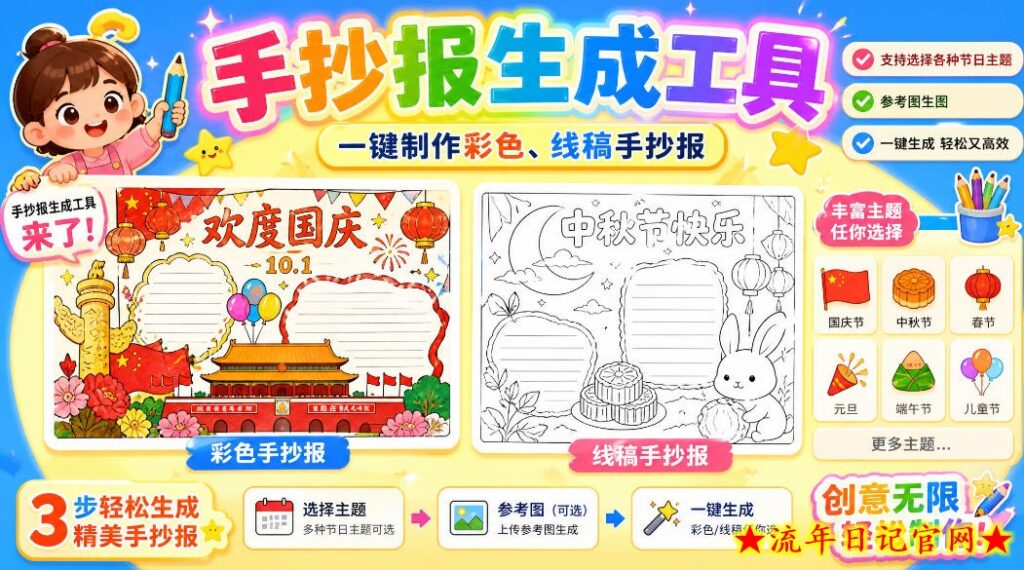 手抄报批量生成工具来了,完全免费,告别豆包生图,高清无水印-流年日记