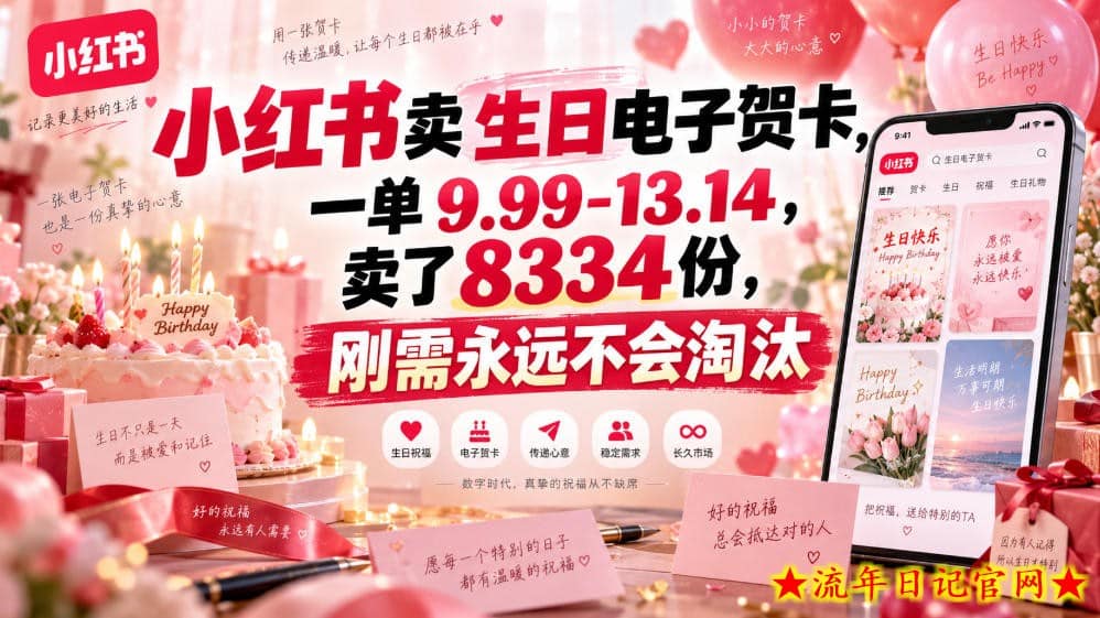 小红书卖生日电子贺卡,一单9.99-13.14,卖了8334份,刚需永远不会淘汰-流年日记