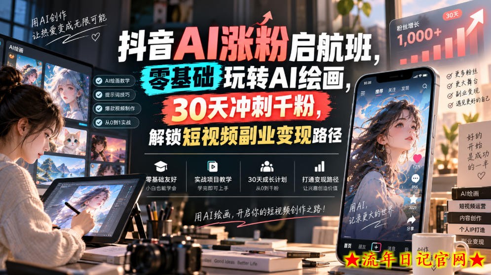 抖音AI涨粉启航班,零基础玩转AI绘画,30天冲刺千粉,解锁短视频副业变现路径-流年日记