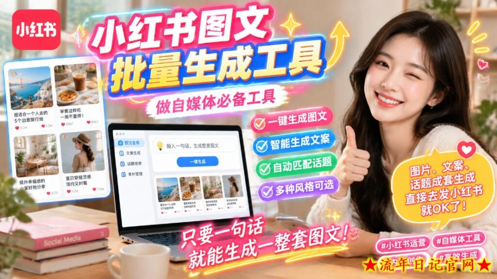 小红书图文批量生成工具，话题、文案、配图一键生成，直接发布，做自媒体必备工具-流年日记