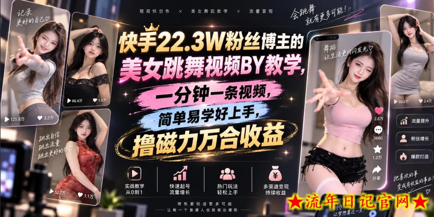 快手22.3W粉丝博主的美女跳舞视频搬运教学，快手MT搬运，一分钟一条视频，简单易学好上手，撸磁力万合收益