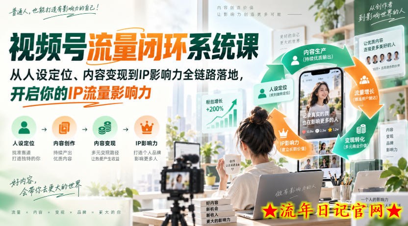 视频号流量闭环系统课，从人设定位、内容变现到IP影响力全链路落地，开启你的IP流量影响力