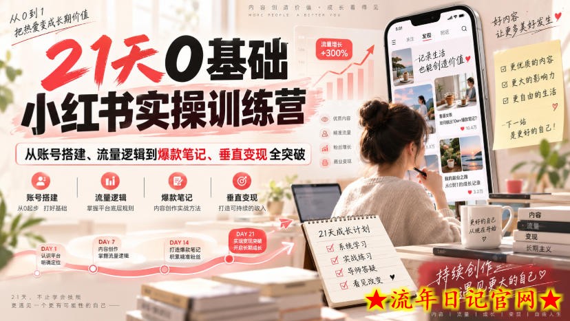 21天0基础小红书实操训练营｜从账号搭建、流量逻辑到爆款笔记、垂直变现全突破