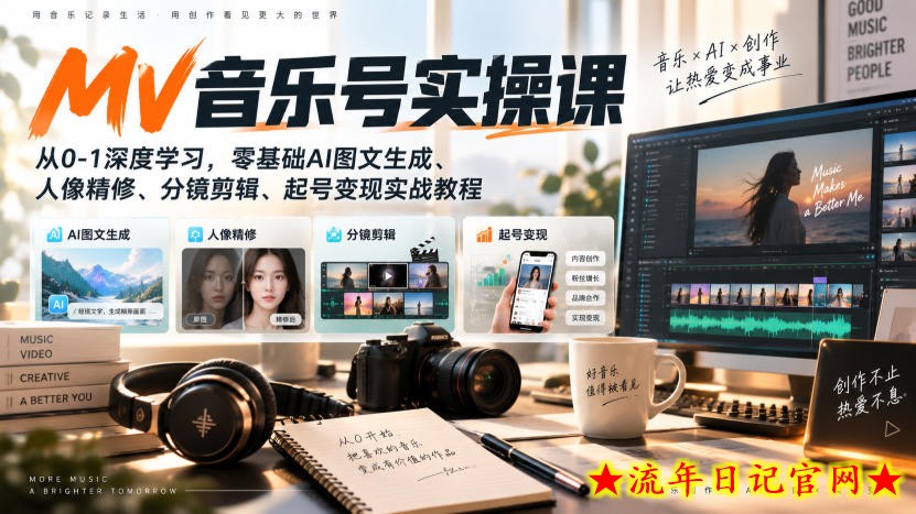 AI MV音乐号实操课，从0-1深度学习，零基础AI图文生成、人像精修、分镜剪辑、起号变现实战教程