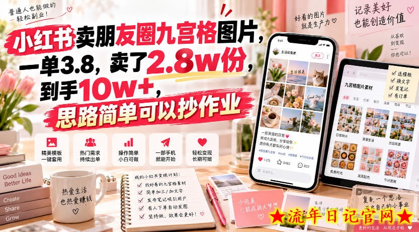 小红书卖朋友圈九宫格图片，一单3.8，卖了2.8w份，到手10w+，思路简单可以抄作业-流年日记