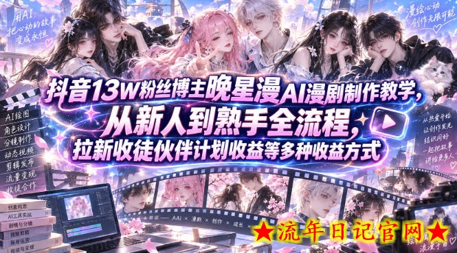 抖音13W粉丝博主晚星漫AI漫剧制作教学，从新人到熟手全流程，拉新收徒伙伴计划收益等多种收益方式，单日1K+-流年日记