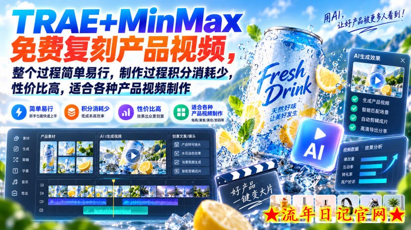 TRAE+MinMax免费复刻产品视频，整个过程简单易行，制作过程积分消耗少，性价比高，适合各种产品视频制作-流年日记