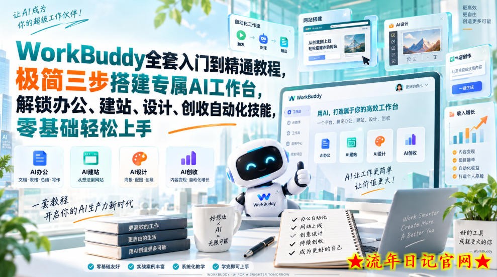WorkBuddy全套入门到精通教程，极简三步搭建专属AI工作台，解锁办公、建站、设计、创收自动化技能，零基础轻松上手-流年日记