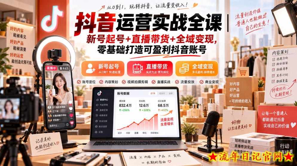 抖音运营实战全课|新号起号+直播带货+全域变现,零基础打造可盈利抖音账号-流年日记