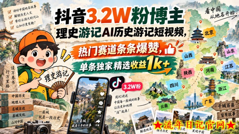 抖音3.2W粉博主理史游记AI历史游记短视频教学，热门赛道条条爆赞，单条独家精选收益1k+-流年日记