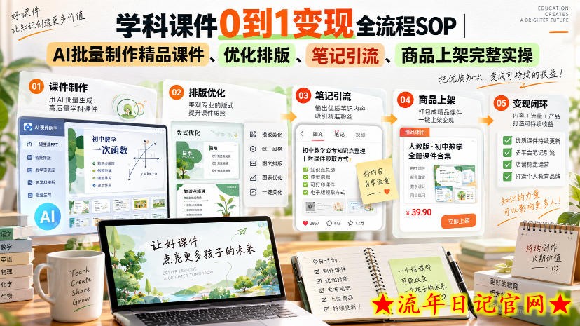 学科课件0到1变现全流程SOP｜AI批量制作精品课件、优化排版、笔记引流、商品上架完整实操​-流年日记