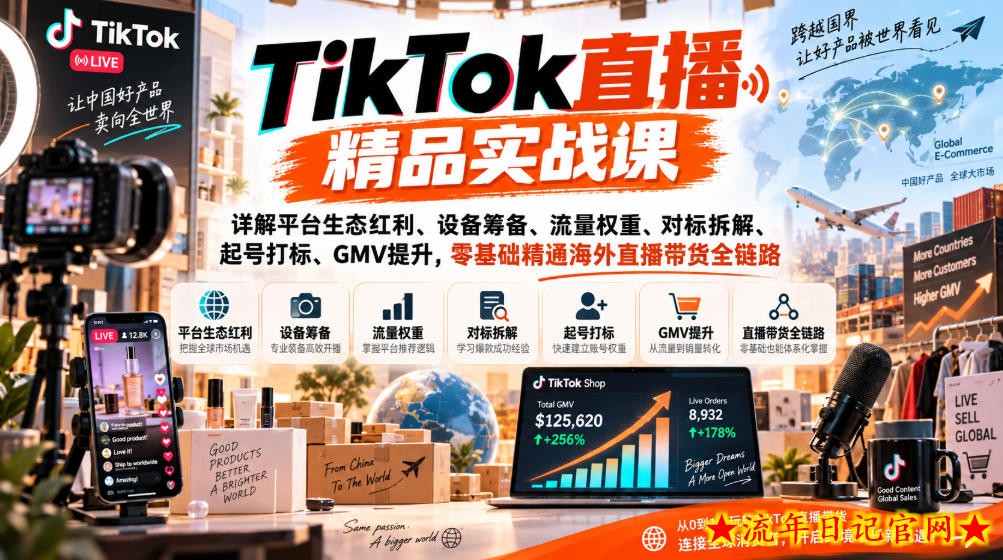 TikTok直播精品实战课，详解平台生态红利、设备筹备、流量权重、对标拆解、起号打标、GMV提升，零基础精通海外直播带货全链路-流年日记