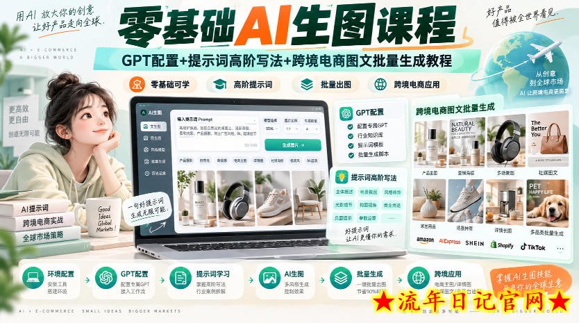零基础AI生图课程，GPT配置+提示词高阶写法+跨境电商图文批量生成教程-流年日记