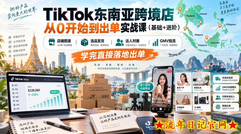 TikTok东南亚跨境店从0开始到出单实战课（基础+进阶），店铺搭建、选品发货、达人对接、GMV投流，学完直接落地出单-流年日记