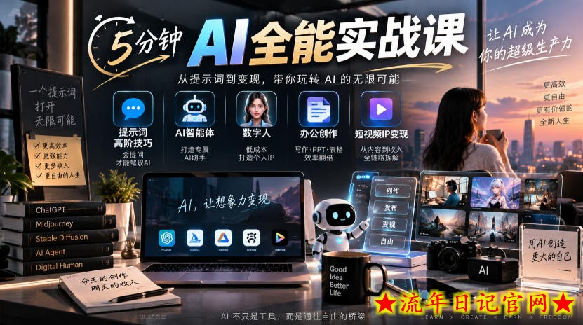 5分钟AI全能实战课｜提示词高阶技巧+AI智能体+数字人+办公创作+短视频IP变现全教程-流年日记