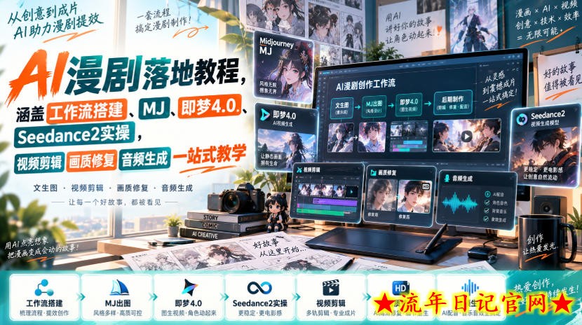 AI漫剧落地教程，涵盖工作流搭建、MJ、即梦4.0、Seedance2实操，视频剪辑画质修复音频生成一站式教学-流年日记
