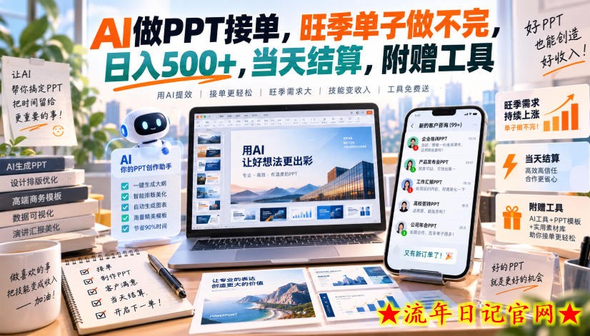 AI做PPT接单，旺季单子做不完，日入500+，当天结算，附赠工具【揭秘】-流年日记