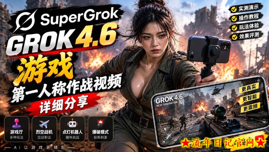 Grok 4.6也能做游戏？第一人称作战视频实测｜玩法详细讲解-流年日记