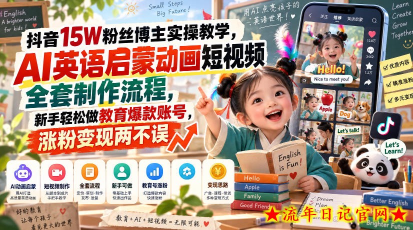 抖音15W粉丝博主实操教学，AI英语启蒙动画短视频全套制作流程，新手轻松做教育爆款账号，涨粉变现两不误-流年日记