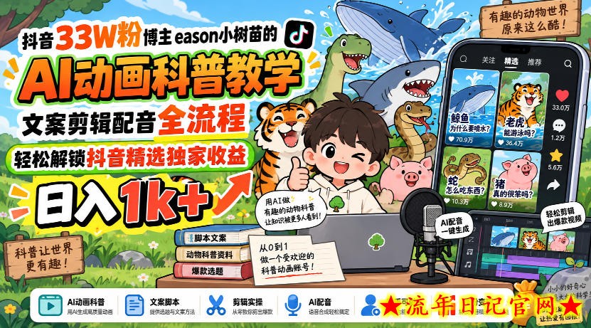 抖音33W粉博主eason小树苗的AI动画科普教学，文案剪辑配音全流程，轻松解锁抖音精选独家收益，日入1k+-流年日记