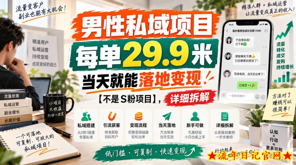 男性私域项目，每单29.9米，当天就能落地变现【不是S粉项目】，详细拆解-流年日记