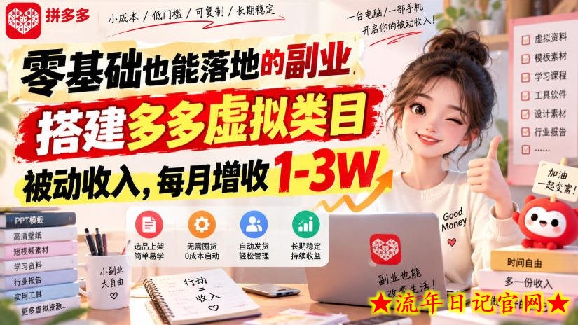 零基础也能落地的副业，搭建多多虚拟类目被动收入，每月增收1-3W【揭秘】-流年日记