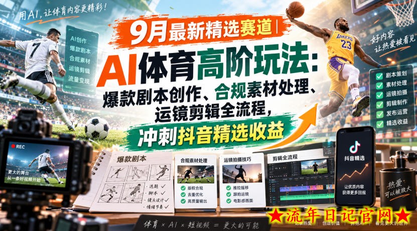 某大佬的9月最新精选赛道之AI体育顶级玩法，爆款剧本创作、版权规避、运镜剪辑全流程，稳拿抖音精选收益-流年日记