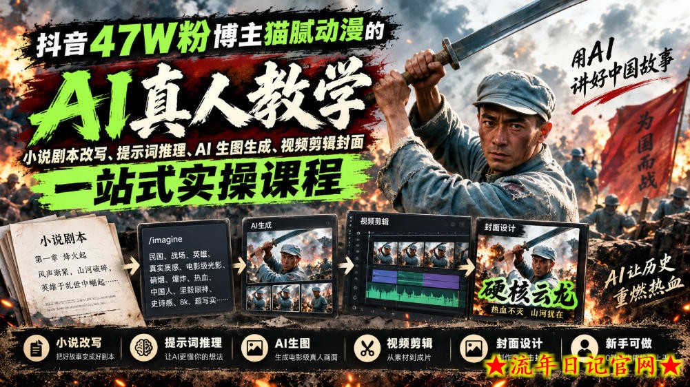 抖音47W粉博主猫腻动漫的AI真人漫剧教学,小说剧本改写、提示词推理、AI生图生成、视频剪辑封面一站式实操课程-流年日记