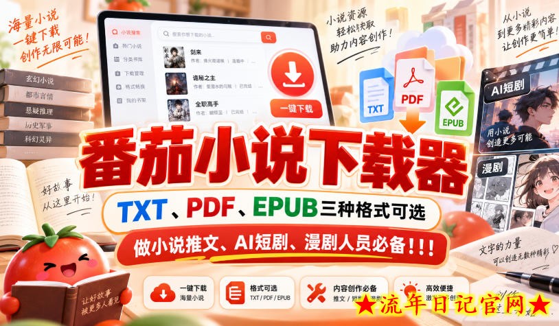 番茄小说下载器，TXT、PDF、EPUB三种格式可选，做小说推文、AI短剧、漫剧人员必备！！！-流年日记