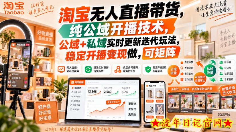 淘宝无人直播带货，纯公域开播技术，公域+私域实时更新迭代玩法，稳定开播变现做，可矩阵【揭秘】-流年日记