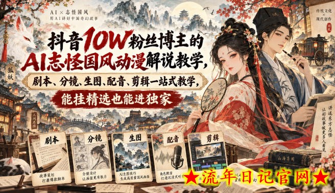 抖音10W粉丝博主的AI志怪国风动漫解说教学，剧本、分镜、生图、配音、剪辑一站式教学，能挂精选也能进独家​-流年日记