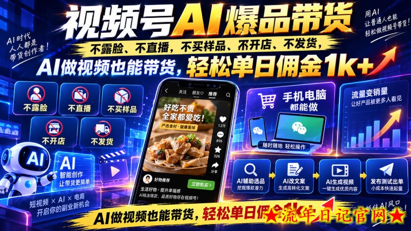 视频号Ai爆品带货,不露脸、不直播、不买样品、不开店、不发货,AI做视频也能带货,轻松单日佣金1k+-流年日记