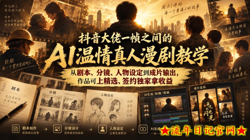 抖音大佬一帧之间的AI温情真人漫剧教学，从剧本、分镜、人物设定到成片输出，作品可上精选、签约独家拿收益-流年日记