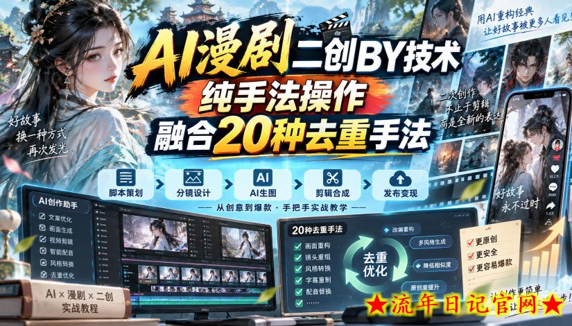 AI漫剧二创搬运技术，纯手法操作，融合20种去重手法-流年日记