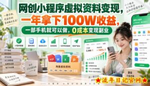 网创小程序虚拟资料变现，一年拿下100W收益，一部手机就可以做，0成本变现副业！【揭秘】-流年日记