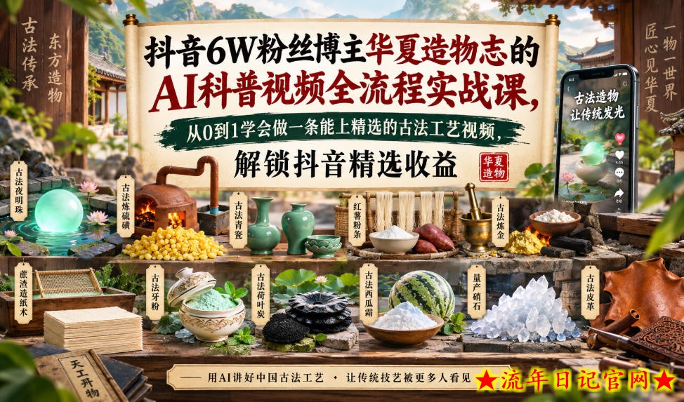 抖音6W粉丝博主华夏造物志的AI科普视频全流程实战课，从0到1学会做一条能上精选的古法工艺视频，解锁抖音精选收益-流年日记