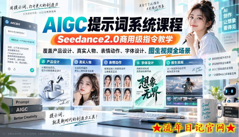 AIGC提示词系统课程,Seedance2.0商用级指令教学,覆盖产品设计、真实人物、表情动作、字体设计、图生视频全场景-流年日记