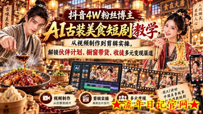 抖音4W粉丝博主AI古装美食短剧教学，从视频制作到剪辑实操，解锁伙伴计划、橱窗带货、收徒多元变现渠道-流年日记