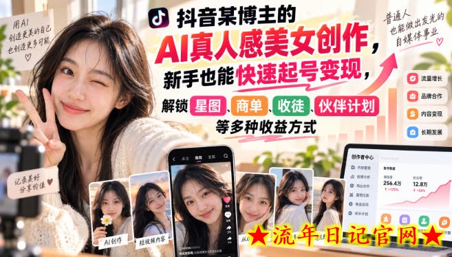 抖音某博主的AI真人感美女创作，新手也能快速起号变现，解锁星图，商单，收徒，伙伴计划等多种收益方式-流年日记