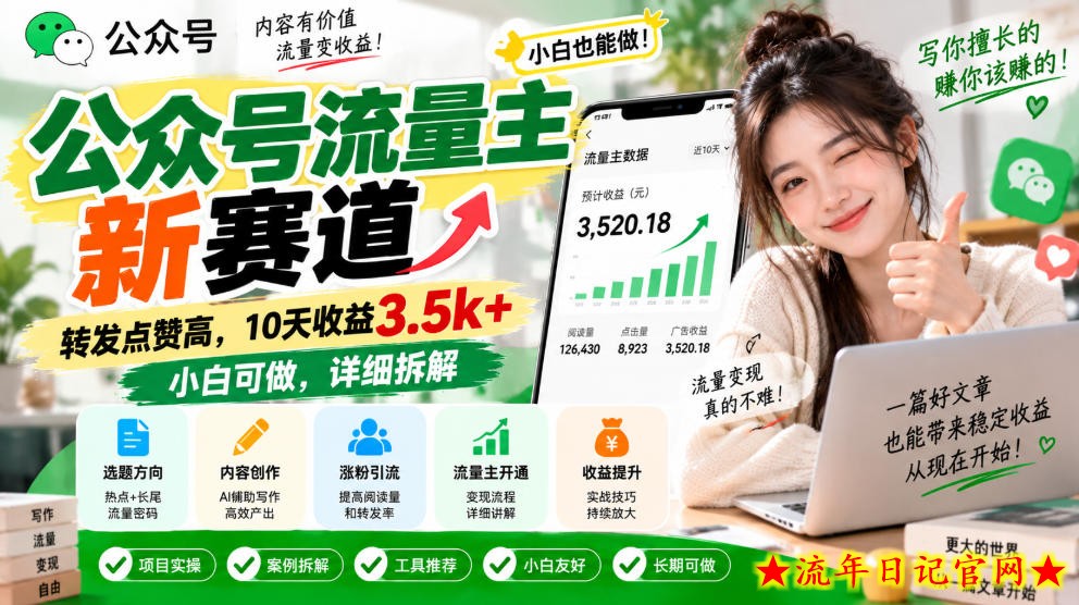 公众号流量主新赛道,转发点赞高,10天收益3.5k+小白可做,详细拆解-流年日记
