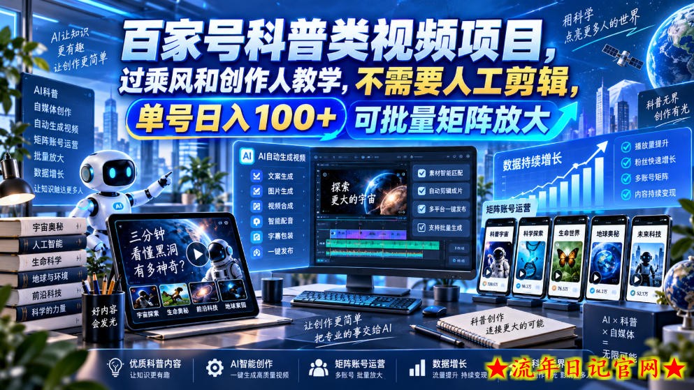百家号科普类视频项目,过乘风和创作人教学,不需要人工剪辑,单号日入100+可批量矩阵放大-流年日记