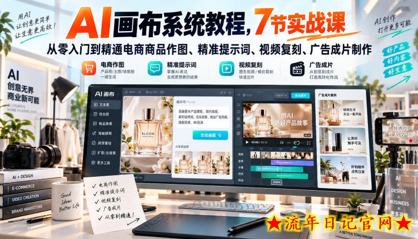 AI画布系统教程,7节实战课从零入门到精通电商商品作图、精准提示词、视频复刻、广告成片制作-流年日记