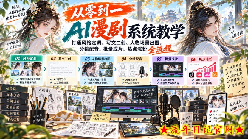 从零到一AI漫剧系统教学,打通风格定调、写文二创、人物场景出图、分镜配音、批量成片、热点涨粉全流程-流年日记