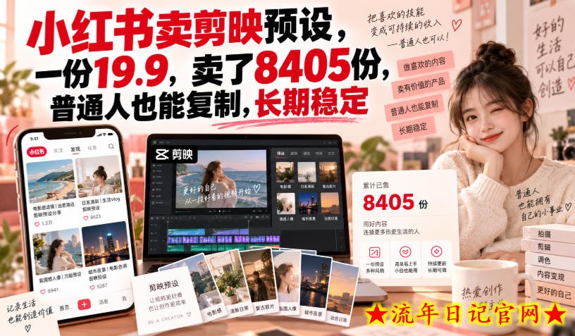小红书卖剪映预设,一份19.9,卖了8405份,普通人也能复制,长期稳定-流年日记
