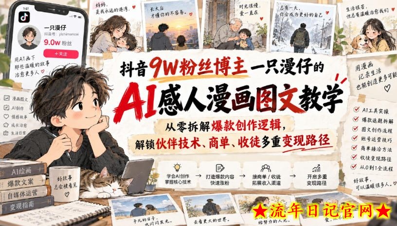 抖音9W粉丝博主一只漫仔的AI感人漫画图文教学,从零拆解爆款创作逻辑,解锁伙伴技术、商单、收徒多重变现路径-流年日记