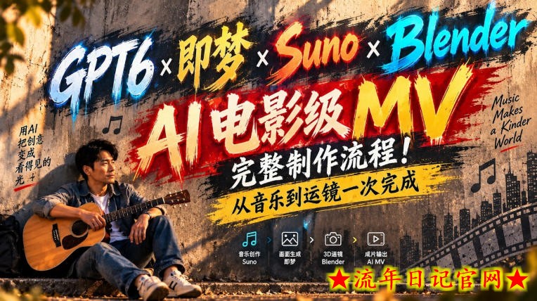 GPT6×即梦×Suno×Blender|AI电影级MV完整制作流程!从音乐到运镜一次完成!-流年日记
